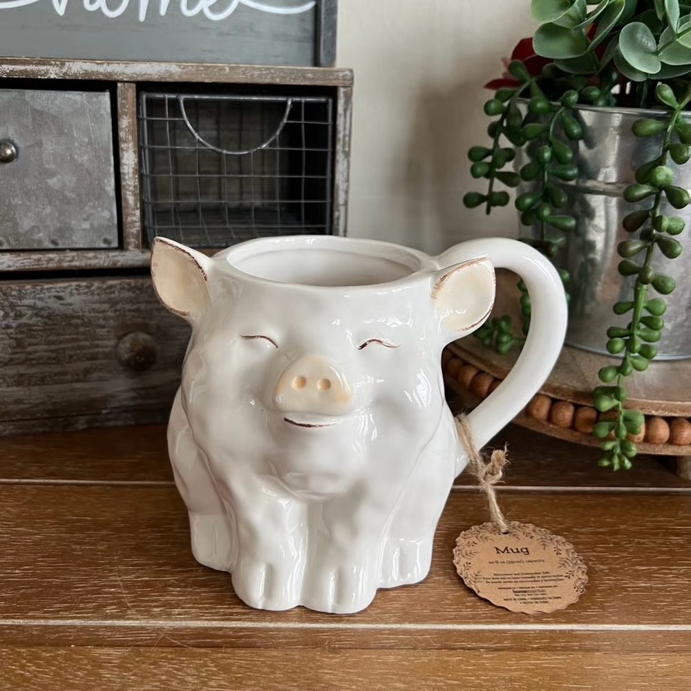 New White Farmhouse Ceramic Pig Mug